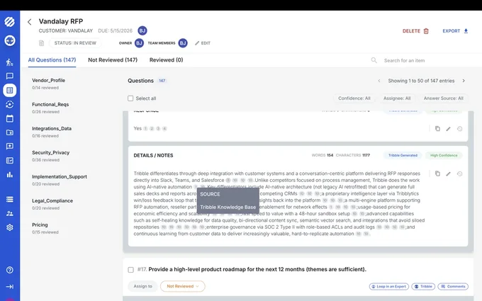 An example Respond project: drafted answers with the source cited beside each one